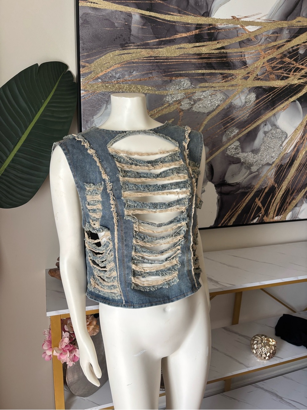 Distressed Cut-Out Denim Crop Top in Faded Blue